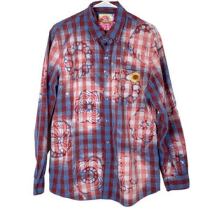 Reworked Boho Floral Bleached Plaid Button Down Shirt Womens Size Large Top Red